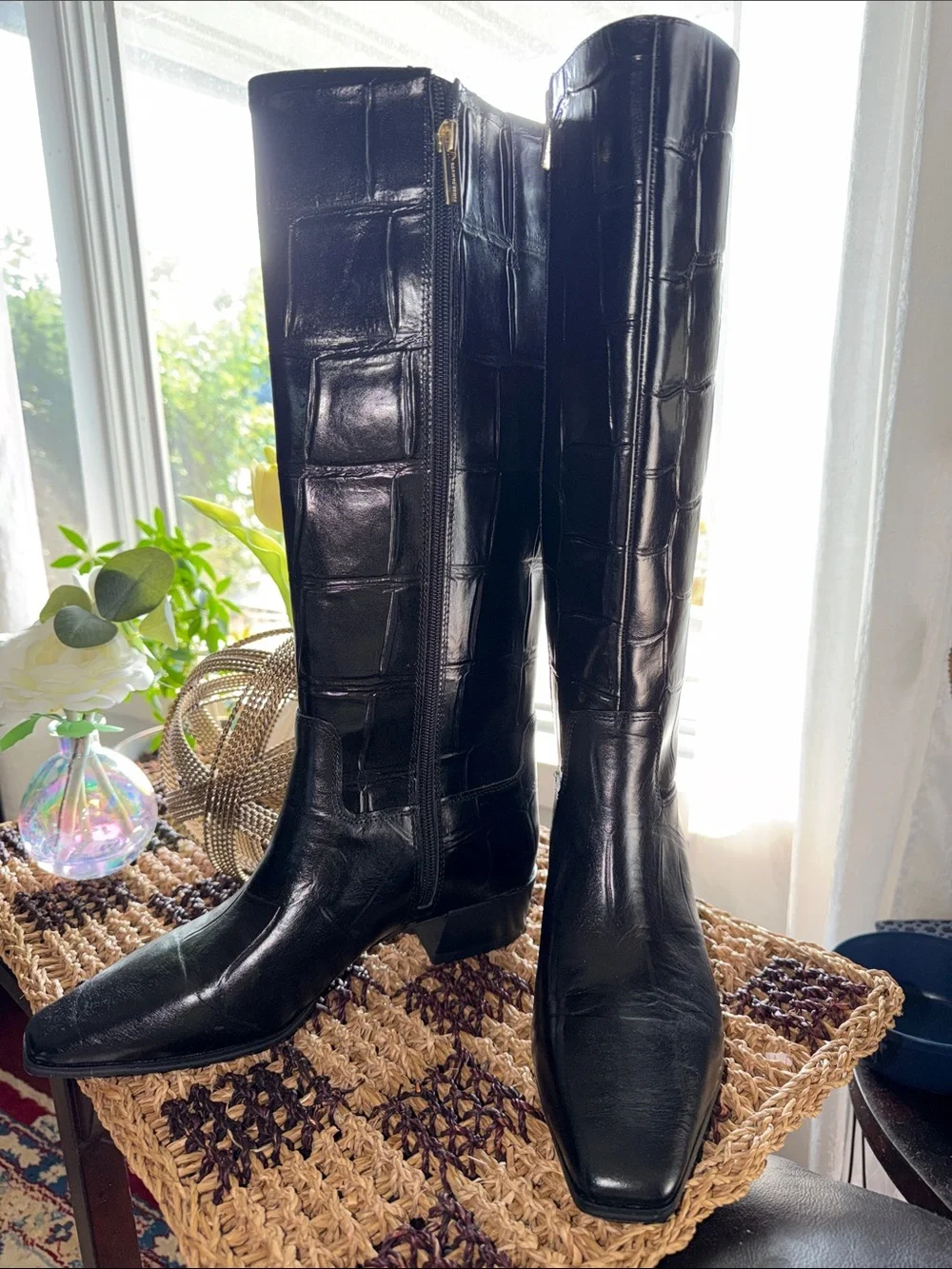 Vince Camuto Pavla Black Croc Embossed Leather Knee High Boots Size 6